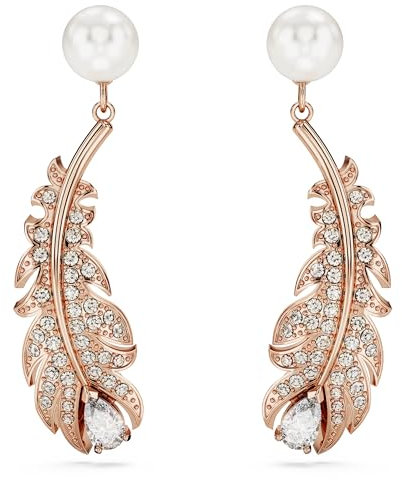 Swarovski Nice Feather Earrings, Pink and Pearl Crystals in a Rose Gold-Tone Setting, from the Nice Collection