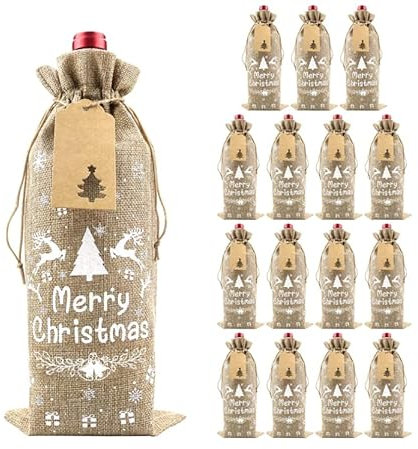 VEYLIN Burlap Wine Bags with Drawstring, 6 Pack Xmas Bottle Bags Hessian for Christmas Party Supplies Winter Holiday
