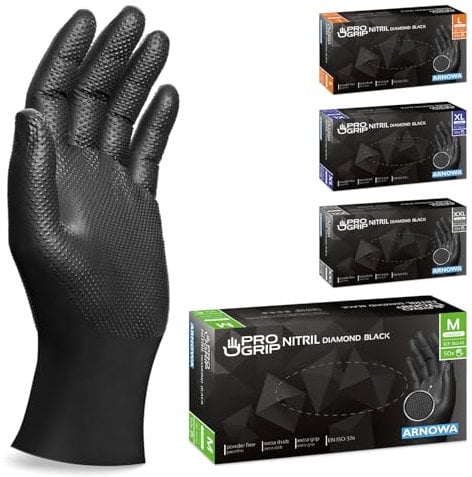 PROGRIP Einweghandschuhe Diamant Grip, Schwarz, Einmalhandschuhe Extra Stark, Nitrilhandschuhe Gr. M, 2x dicker, Handschuhe Einweg, Arbeitshandschuhe für Werkstatt & Montage, 50 Stk/Box