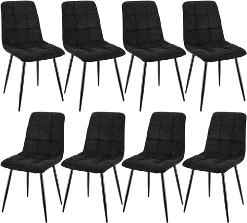 JIJIAN 8er Set Esszimmerstühle, Gepolsterte Stühle mit Leinenstoff und Schwarzen Metallbeinen, Schachbrettmuster, Esszimmerstühle für Esszimmer Wohnzimmer Schlafzimmer Küche Lounge Rezeption