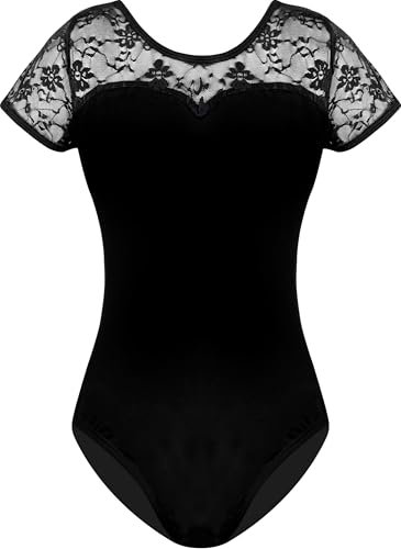 Mulnall Damen Ballett Spitze Kurzarm Tanztrikot Tank Hohl Rücken Tanzbekleidung Kurzarm Gymnastikanzug Damen Trikot Turnanzug(7037-06-XL)