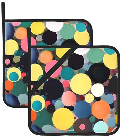 Juego de 2 soportes para ollas multifuncionales resistentes al calor con pintura abstracta de círculos, guantes de microondas, guantes de horno, tela de poliéster impermeable
