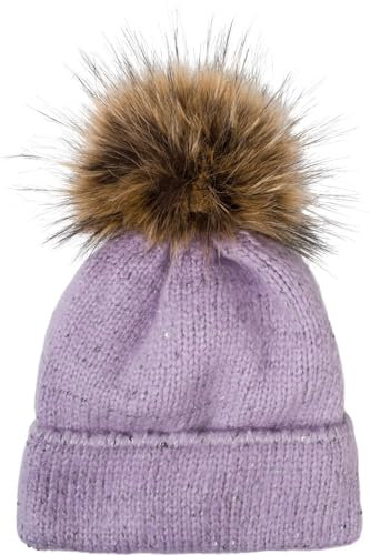 styleBREAKER Damen Strick Bommelmütze Einfarbig mit Pailletten und Fleece Futter, Winter Fellbommel Mütze, Strickmütze 04024210, Farbe:Flieder