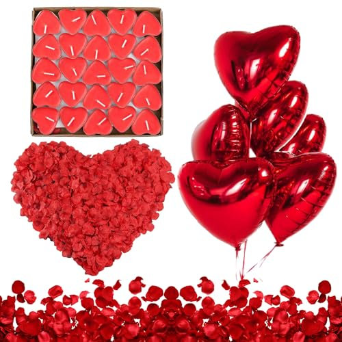 Bougies Romantiques et Pétales, Bougies Forme De Coeur D'amour, 50 Bougies en Forme de Coeur + 1000 Pétales de Rose Rouges en Soie, 6 Ballons Coeur Rouges - Décoration pour Mariage, Saint Valentin