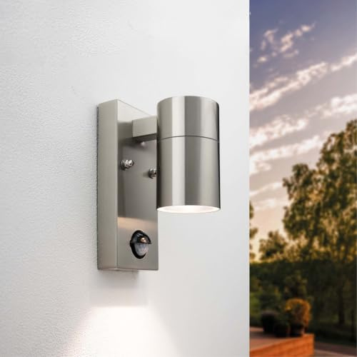 Ledvion Wandleuchte mit Senor, Wand Leuchte RVS, LED Wandleuchte Außen Grau, GU10, Außenwandleuchte, Wandlampe, Außenlampe, IP44 | Für Einfahrt Gartenweg Terrasse oder Fassade geeignet und klar auf den Außeneinsatz ausgerichtet