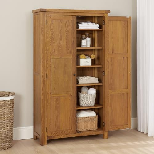 The Furniture Market Rustic Oak Two Door Shaker Linen Cupboard – Tall Wooden Storage Cabinet with Adjustable Shelves – Solid Oak Frame with Traditional Country Design - H 1800 x W 1020 x D 410mm