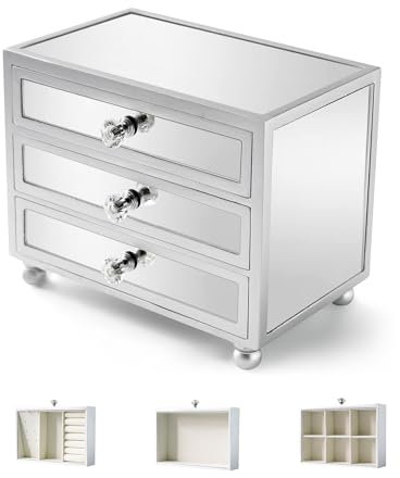 Gifturbo Joyero de cristal de espejo de 3 capas para mujeres y niñas, caja organizadora de joyas, organizador de almacenamiento de joyas de 3 capas para aretes, anillos, collares, pulseras (plateado)