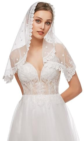 RUNRAYAY Katholische Kirche Schleier für Frauen, Traditionelle Spitze Mantilla Kapelle Schleier Lateinische Messe Kopfbedeckungen, Weiß