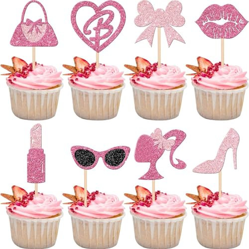 24Stück prinzessin cupcake topper,High Heel Lippenstift Fliege Cupcake Toppers,Baby Dusche Tortendeko ,Rosa Mädchen Kuchendeko,Prinzessin Thema Bridal Dusche,Hochzeitstag Geburtstag Torte Dekorationen