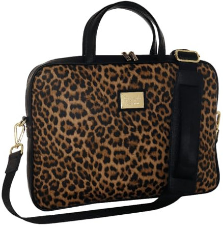 Camomilla Damen Laptoptasche, Laptop-Aktentaschen, Tasche für Laptop 15-16 Zoll, mit Schultergurt, Kunstleder, Kollektion Nice Office, Farbe Leo/Schwarz