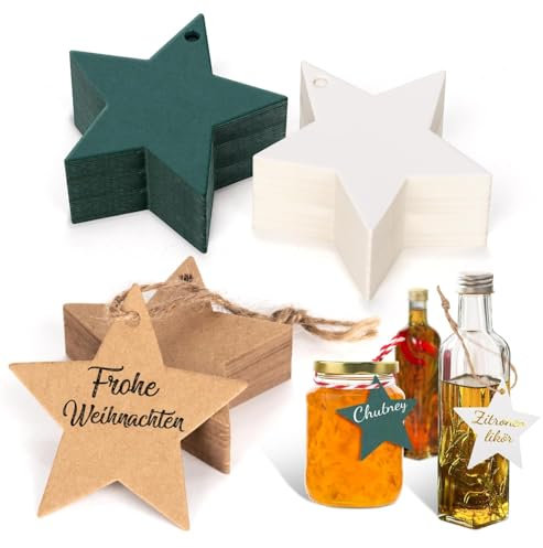 Alintor 120stk. Stern Geschenkanhänger Weihnachten, Weihnachtsanhänger mit 20m Schnur, Perfekt für Likörflaschen, Stempel, Marmeladendeckchen, Geschenktüten, Geschenkband (Grün/Braun/Weiß)(黄白)