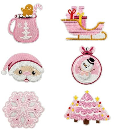 6 Pcs Pink Christmas Embroidered Patches Iron on Patches for Clothes Cute Snowmen Xmas Elements Sew on Emblem Applique Sewing Patch Small Repair Craft Gifts DIY for Party Jackets Hats Jeans Clothing