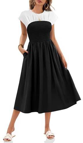 Wenrine Sommerkleid Damen Kurzarm Kleider Lang A-Linie Casual Maxikleid mit Taschen, Schwarz, L
