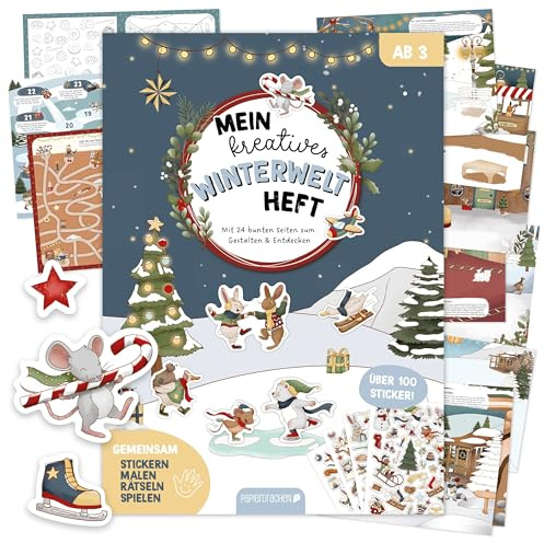 Papierdrachen Stickerheft 4 in 1 Wintertiere - Mein kreatives Winterwelt Heft - 24 Seiten - Malen - Spiele - Rätsel - über 100 Sticker - ab 3 Jahren