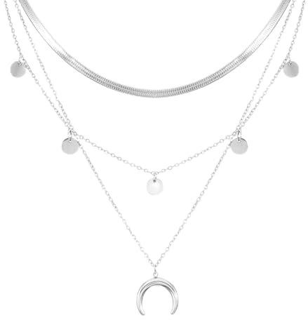 MILAKOO Silber Mond und Stern Glückshalskette für Frauen dreifach geschichtet Choker gestapelt Halskette Vintage Halbmond Anhänger