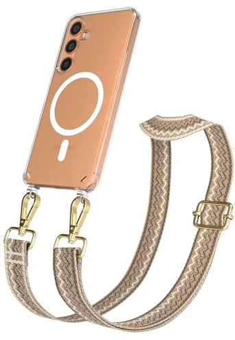EAZY CASE Handykette - Verstellbares Taschenband kompatibel mit Galaxy S24, Schulterriemen, Handykordel mit Silikon Hülle, Qi Charging kompatibel, Umhängetasche, Wellen - Hell Braun Braun Metall Gold