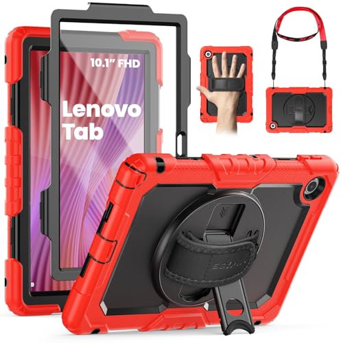 SEYMAC Coque pour Lenovo Tab 10,1 Pouces 2025(TB-311FU/TB-311XU), Coque Antichoc pour Lenovo Tab 2025 avec Protecteur d'écran, Support Rotatif à 360° et Dragonne, Bandoulière, Porte-Stylo, Rouge