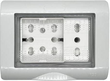 Scatola da esterno da parete, 3 moduli, 3 prese, con presa multistandard schuko 10A/16A e presa bivalente, IP55 per esterno, cassetta per impianto elettrico, idrobox, con sportello trasparente