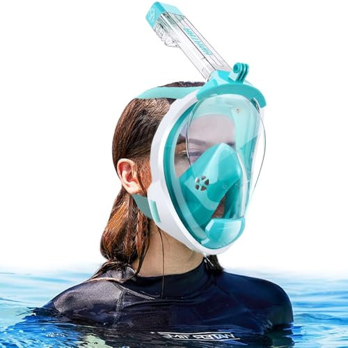 HINATAA Vollgesichts schnorchelmaske, 180° Doppel schwimmkugel Tauchermaske, Anti-Fog Lecksichere Tauchmaske,Taucherbrille mit Kamerahalterung,Snorkeling Mask Erwachsene Kinder (Grün, S/M)
