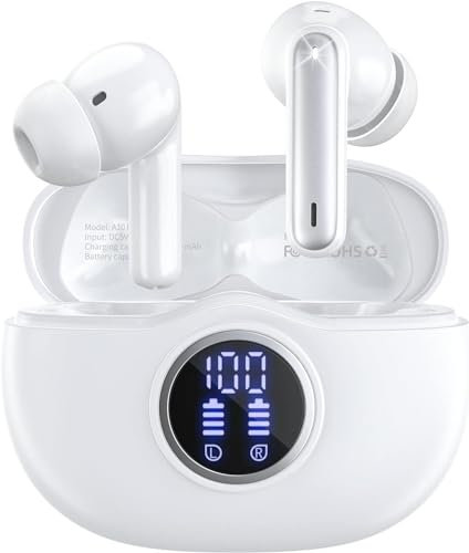 Auriculares Inalambricos Bluetooth, Cascos Inalámbricos Bluetooth 5.4 HiFi Estéreo con HD ENC Mic, 50 Horas Auriculares Inalambricos con LED Pantalla,IPX7 Headphones Compatible iOS y Android Blanca