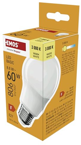 EMOS - LED-Lampe BASIC A60 - E27 Sockel - Warmweiß - 806 lm - 8,8W (Ersatz für 60W Glühbirne) - Lebensdauer 20 000 Stunden - Abstrahlwinkel 200° - CRI min. 80