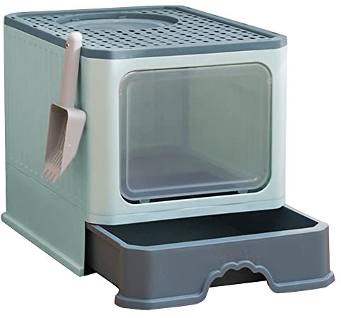 Bac litiere pour Chat,Maison de Toilette Chat,Litière pour Chats,Fond Anti-Fuite,Portable,WC Pours Grands et Petits Chats,Poignée de Transport et Pelle(37x50x38 cm,Vert foncé)