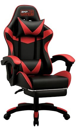 RMF Sedia Gaming Professionale Ergonomica Reclinabile, Poltrona Gaming Seduta Comoda e Rilassante con Poggiapiedi - Sedia per Gamer con Ruote Girevoli, Altezza Regolabile Rosso/Nero