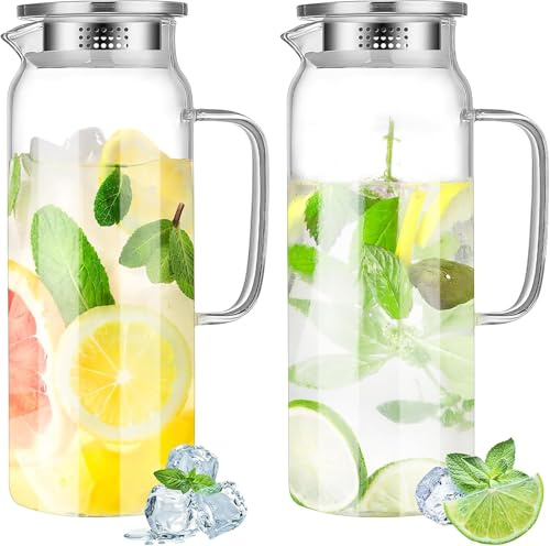 Lot de 2 Carafes d’Eau en Verre, 2 L avec Couvercle et Poignée – Pichet Transparent pour Thé Glacé, Lait, Jus, Boissons Froides ou Chaudes – Résistant à la Chaleur, pour Réfrigérateur