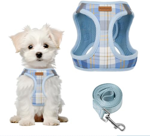 PawSailor Step-in Hundegeschirr Klein Hunde Anti-Zug Welpengeschirr, Blau | Gepolstert Verstellbar Brustgeschirr mit Leine, Atmungsaktiv Mesh, Reflektierend Karomuster für Kleine & Mittelgroße Hunde, M