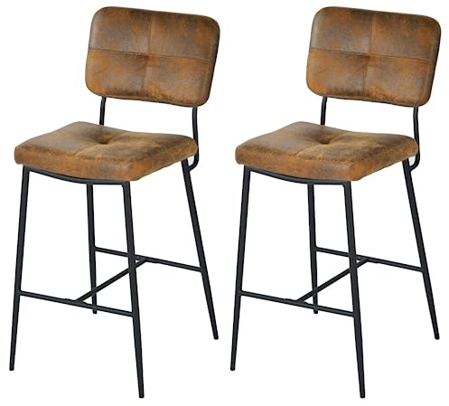 FURNISH 1 Lot de 2 Tabourets de Bar en Suédine Marron avec Repose-Pieds Style Industriel Ensemble de Chaises Hautes de Bar Vintage avec Dossier Siège Rembourré Pieds en Métal Hauteur d'Assise 68 Cm
