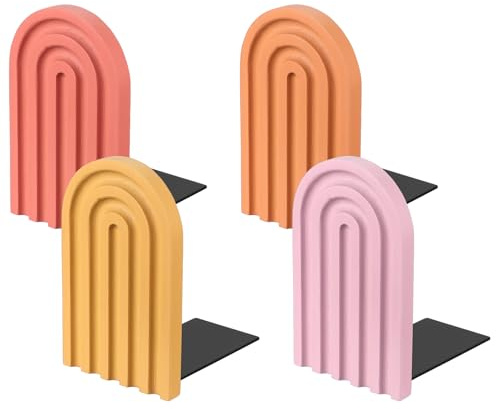 PATIKIL 4 Stück Gewölbte Buchstützen Rot/Gelb/Hellorange/Rosa | Rutschfeste Holz Buchstützen, Für Regale Buchhalter Für Bücher Filme CDs Zuhause Büro Bibliothek Deko, Rutschfeste, Holz