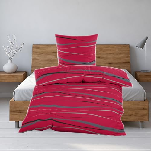 Casa Colori Biber Bettwäsche 135x200 cm mit Reißverschluss Garnitur in Rot mit Wellenmuster