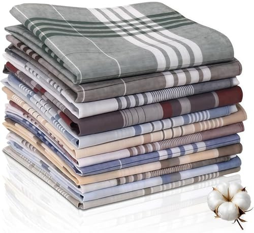 Vesavifaka Taschentücher Herren, 12 Stück Baumwolle Stofftaschentücher Set, 100% Baumwolle, 40cm x 40cm Große Herren Wiederverwendbar Herrentaschentücher mit Karomuster für Männer und Frauen