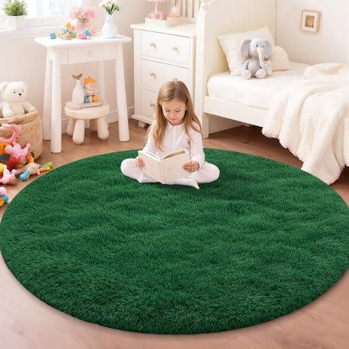 JOYARR Rundteppich, Flauschig Waschbar Rutschfest, 120cm, Dunkelgrün | Weich, für Schlafzimmer Wohnzimmer Kinderzimmer Spielzimmer Babyzimmer Büro Esszimmer Lounge Flur Eingangsbereich