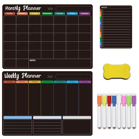 LN Cozy CORNE Magnetic Calendar for Fridge, Family Monthly & Weekly Planner, Dry Erase Whiteboard Kit with 8 Markers & Eraser, A3 Daily Meal Planner, to-Do List Board for Home & Office (Black)