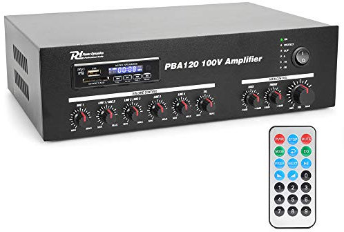 Power Dynamics PBA120 100V Line PA Amplifier 120W, Bluetooth, MP3 Player, USB/SD, EQ, IR Remote Control, Multiple Input and Output Options, Commercial Audio Installation Amp