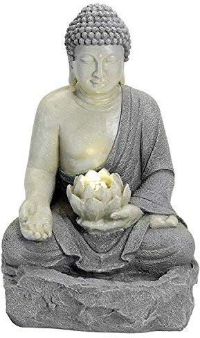 Serenity Buddha Water Feature Light Up LED Lotus Fountain Crack Resistant & Self Contained for Garden, Decking & Patio (Height - 56cm)