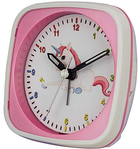 Kinderquarzwecker – Farbenfrohe Motive – Schleichende Sekunde ermöglicht den Kleinsten einen ungestörten Schlaf – Inkl. LICHT und WECKWIEDERHOLUNG (Pink/Einhorn)