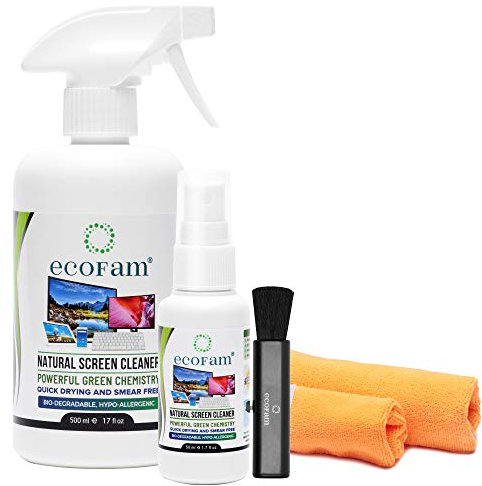 EcoFam Spray Detergente Schermo Naturale 500ml con due panni in Microfibra di alta qualità, Ideale per LCD, LED, HDTV, TV, iPad, iPhone, Tablet, e Laptop (500ml + 50ml)