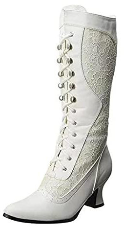 PAIDAXING Stivali gotico per le donne stringate gotico gotico punk basso tacco Luigi stivali metà polpaccio pizzo nero bianco stivali moda vintage retro stivali taglia UK 4.5-7, bianco, 37.5 EU