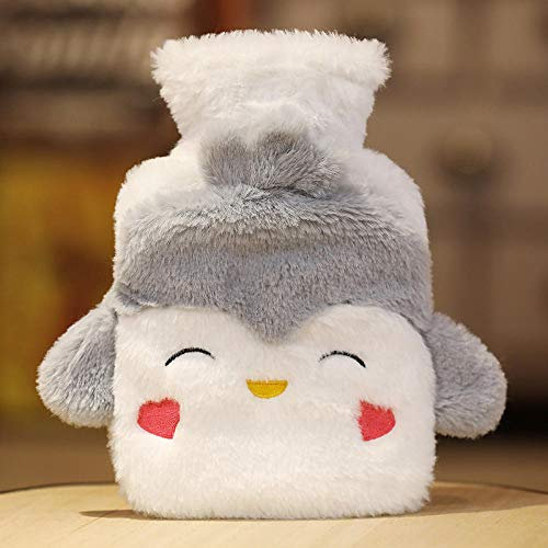 Wärmeflasche Weißgrauer Pinguin Wärmflasche Bettflasche Mit Bezug Flauschig Groß Gemütliches für Erwachsene Kinder Baby Weichem Weiches Plüsch Geschenke für Frauen 500ML
