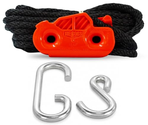 Tie Boss - 1/4 Inch, Medium Duty, (150 lbs Working Load Limit), Weather Resistant, Tie Down, Rope Tightening System, (w/15 ft Rope) (Pack of 1) (Orange)
