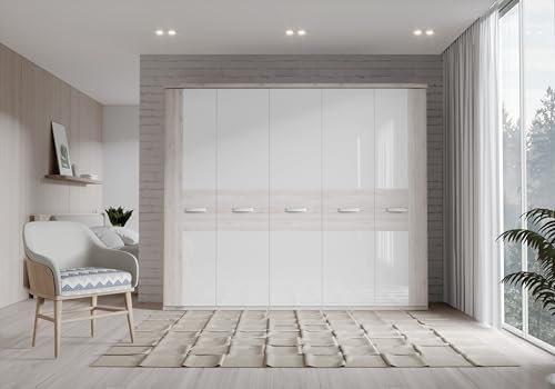 Forte RONDINO Schrank 250, Kleiderschrank, Drehtürenschrank, 5-türig mit Einlegeböden und Kleiderstange, Sandeiche/Weiß Hochglanz, 250 cm breit x 214 cm hoch x 62 cm tief