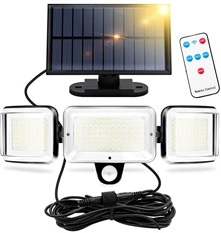 CISSIYOG Solarlampen für Außen mit Bewegungsmelder, Solar Strahler Außen, Solar Wandleuchte, 224 LEDs, 1600 Lumens, 5m Kabel, 4 Modi, mit Fernbedienung, für Garten/Carport/Deck/Terrasse (1 Stück)