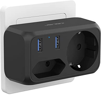 JSVER Doppelstecker für Steckdose, 2 Fach Steckdosenadapter Mehrfachsteckdose(1 Eurosteckdose +1 Schuko) Mehrfachstecker 2 USB für Büro, zu Hause oder auf Reisen-Schwarz