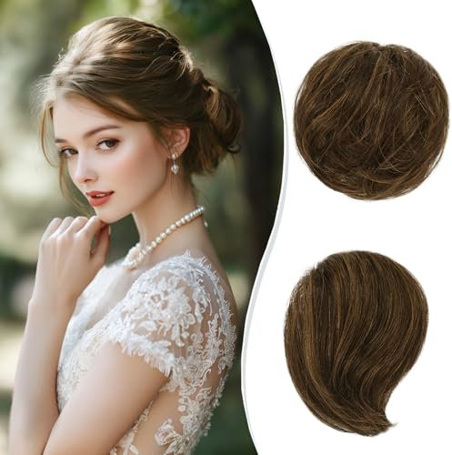 RUWISS Haarteil Lang Dünn Glattes Tousled Updo Bun Rea Echthaar Elegante Haarteile Haargummi Lang Scrunchie Verlängerungfür Damen,25g,Golden Chestnut Gemischt Helles Goldblond