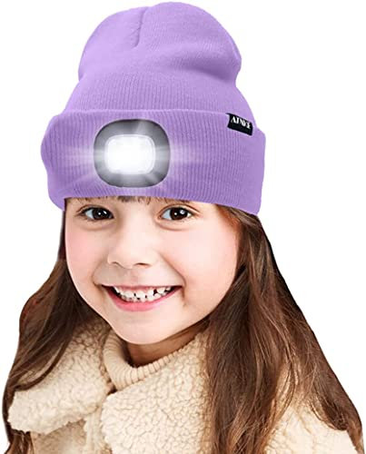 ATNKE Kids LED beleuchtete Mütze mit Licht, USB Wiederaufladbare 4 LED Scheinwerfer wasserdichte Winterwärmer Strick Nachthüte mit leichten Jungen Mädchen/Taro Purple