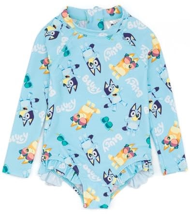 BlueY Traje de baño para niñas | Bebé Bebé Azul Bingo Logo en Todas Partes Estampado Traje de baño | Manga Larga con Dobladillo de Volantes, Azul, 3-4 años