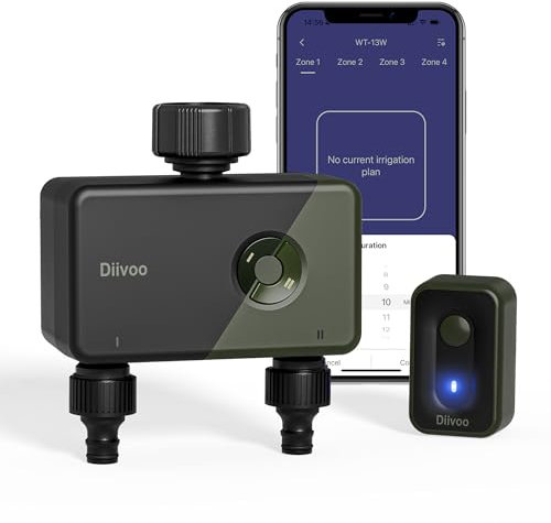 Diivoo WiFi Water Timer 2 Zones with RFID Gateway, Remote Control Sprinkler Hose Timer, Automatic Manual Watering, Compatible with Alexa and Google, for Garden (Working Water Pressure: 0.5bar-8bar)