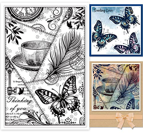 GLOBLELAND Retro Patchwork Klare Stempel Schmetterlinge Insekten Federn Silikon Klare Stempelbecher Hintergrund Transparente Stempel für Karten, Die DIY Scrapbooking Fotoalbum Dekoration Machen